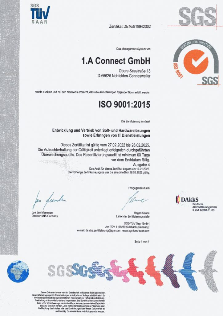 1.A Connect GmbH ISO 9001:2015 Urkunde Jahr 2022